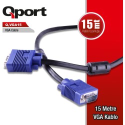 Qport Q-VGA15 15 Pin Filtreli 15 Metre Erkek Erkek Monitör Kablo