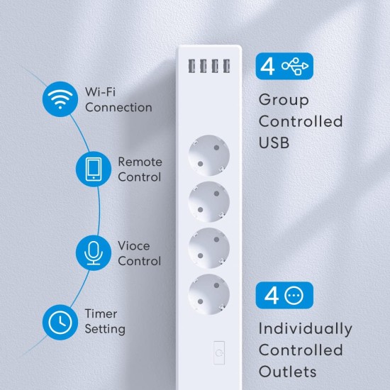 Meross Wi-fi Uzaktan Kontrollü Akım Korumalı 4 Usb Girişli Akıllı 4lü Priz MSS425F