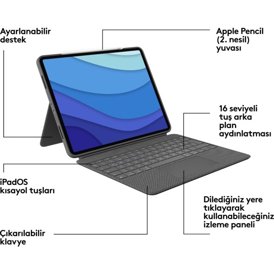 Logitech Combo Touch iPad Pro 12.9 inç 5 ve 6. Nesil ile Uyumlu Çok Yönlü Klavyeli Kılıf - Gri