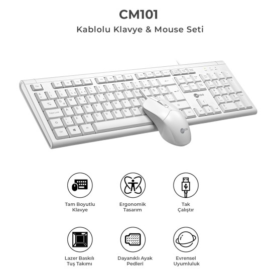 Lecoo CM101 USB Kablolu Türkçe Q Klavye & Mouse Set Beyaz