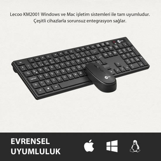 Lenovo Lecoo KM2001 Kablosuz Türkçe Q Klavye & Mouse Set Siyah