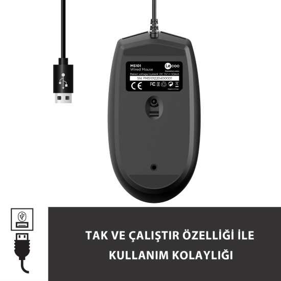 Lenovo Lecoo MS101 USB Kablolu 1200DPI 3 Tuşlu Optik Mouse Siyah