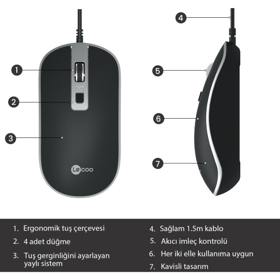 Lenovo Lecoo MS104 USB Kablolu 1600DPI 4 Tuşlu Optik Mouse Siyah