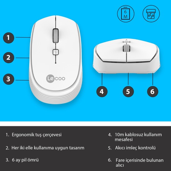 Lenovo Lecoo WS202 Kablosuz 1200DPI 4 Tuşlu Optik Mouse Beyaz