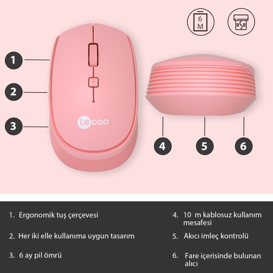 Lenovo Lecoo WS202 Kablosuz 1200DPI 4 Tuşlu Optik Mouse Pembe