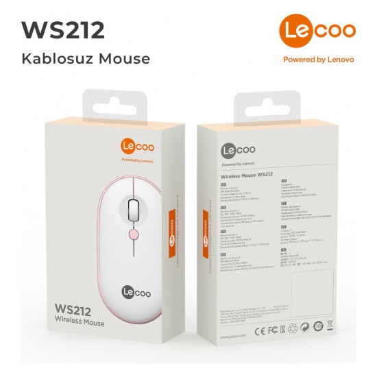 Lenovo Lecoo WS212 Kablosuz 1600DPI 4 Tuşlu Optik Mouse Beyaz & Pembe