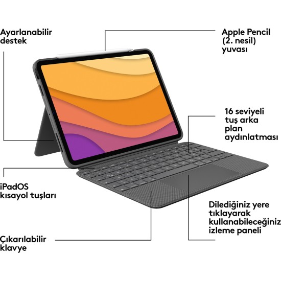 Logitech Combo Touch iPad Air 4. Nesil ile Uyumlu Çok Yönlü Klavyeli Kılıf - Gri