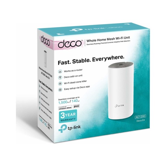 TP-Link Deco E4 (1-Pack), AC1200 Mbps, Dual-Band, 10/100Mbps Portları, 100 Cihaza Kadar Bağlanılabilirlik, Mobil Uygulama ile Kolay Kurulum, Wi-Fi 5 Mesh Sistemi