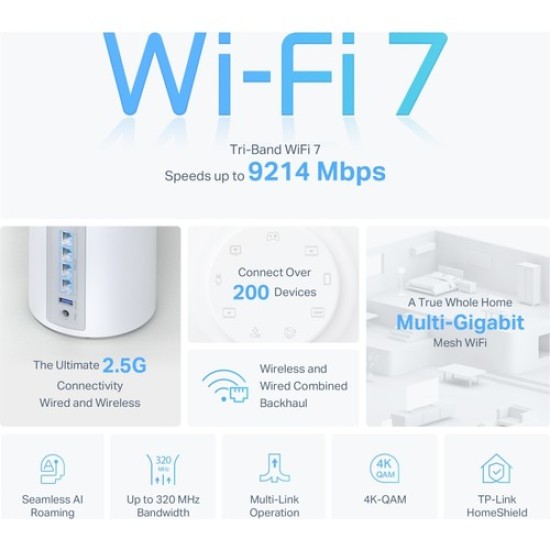 TP-Link Deco BE65(3-pack), BE9300 Mbps, 4 × 2.5 Gbps Portlar, 320 MHz Kanallar, 6 GHz Bandında Çalışır, 200 Cihaza Kadar Bağlanılabilirlik, VPN, WPA3, Üç Bantlı Wi-Fi 7 Mesh Sistemi