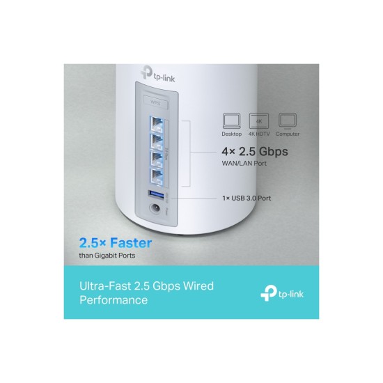 TP-Link Deco BE65(3-pack), BE9300 Mbps, 4 × 2.5 Gbps Portlar, 320 MHz Kanallar, 6 GHz Bandında Çalışır, 200 Cihaza Kadar Bağlanılabilirlik, VPN, WPA3, Üç Bantlı Wi-Fi 7 Mesh Sistemi