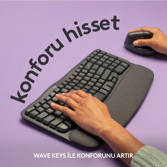 Logitech Wave Keys Kablosuz Bluetooth Dolgulu Avuç İçi Destekli Ergonomik Türkçe Q Klavye - Siyah