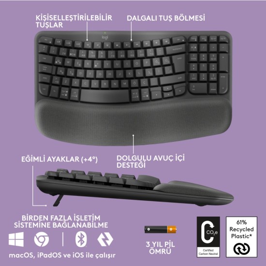 Logitech Wave Keys Kablosuz Bluetooth Dolgulu Avuç İçi Destekli Ergonomik Türkçe Q Klavye - Siyah