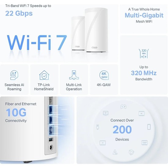 TP-Link Deco BE85 BE19000 Üç Bantlı (1-PAC) Tüm Ev Mesh Wi-Fi 7 Sistemi
  