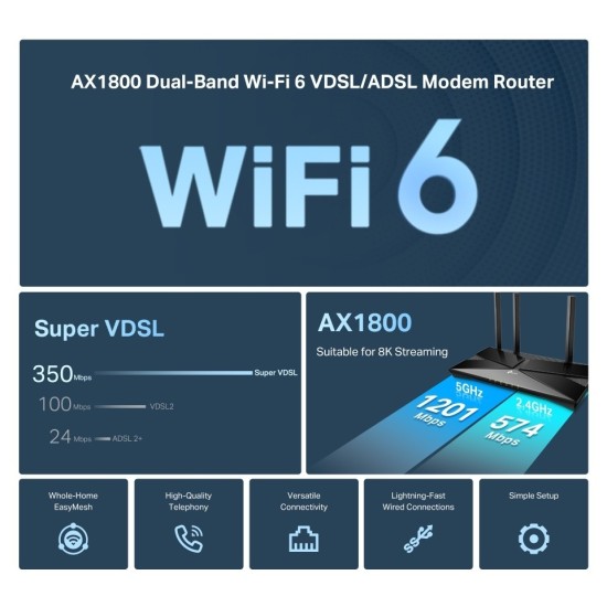TP-Link Archer VX1800V 4 Port 1800 Mbps VDSL2 Modem
