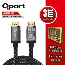 Qport Q-HDMI213 3 Metre 2.1V 8K Altın Uçlu Örgülü HDMI Kablo