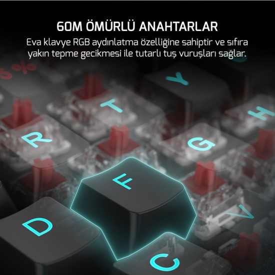 Gamepower Eva 7 60M Mekanik Kablolu, 2.4ghz, Bluetooth 3 Mod Red Switch Türkçe Q 88 Tuş USB Rgb Gaming Klavye - 3 Yıl Garantili