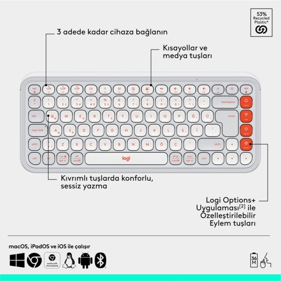 Logitech Pop Icon Combo 920-013076 Beyaz Kablosuz Klavye Mouse Seti