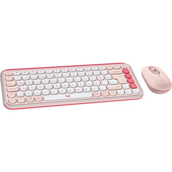 Logitech Pop Icon Kablosuz Bluetooth Sessiz Türkçe Q Klavye ve Mouse Seti, Pembe