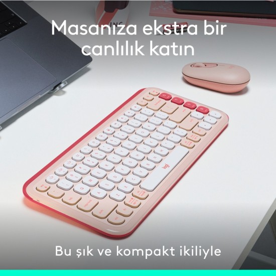 Logitech Pop Icon Kablosuz Bluetooth Sessiz Türkçe Q Klavye ve Mouse Seti, Pembe