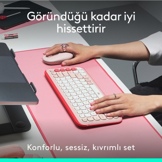 Logitech Pop Icon Kablosuz Bluetooth Sessiz Türkçe Q Klavye ve Mouse Seti, Pembe