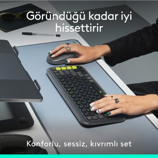 Logitech Pop Icon Kablosuz Bluetooth Sessiz Türkçe Q Klavye ve Mouse Seti, Siyah